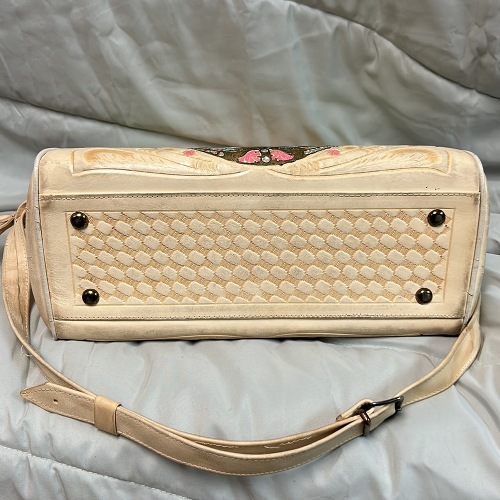 Vintage Leather Hand Tooled RARE Purse 1960s Mexico Ivory Yellow Mayan Roses - Picture 15 of 16